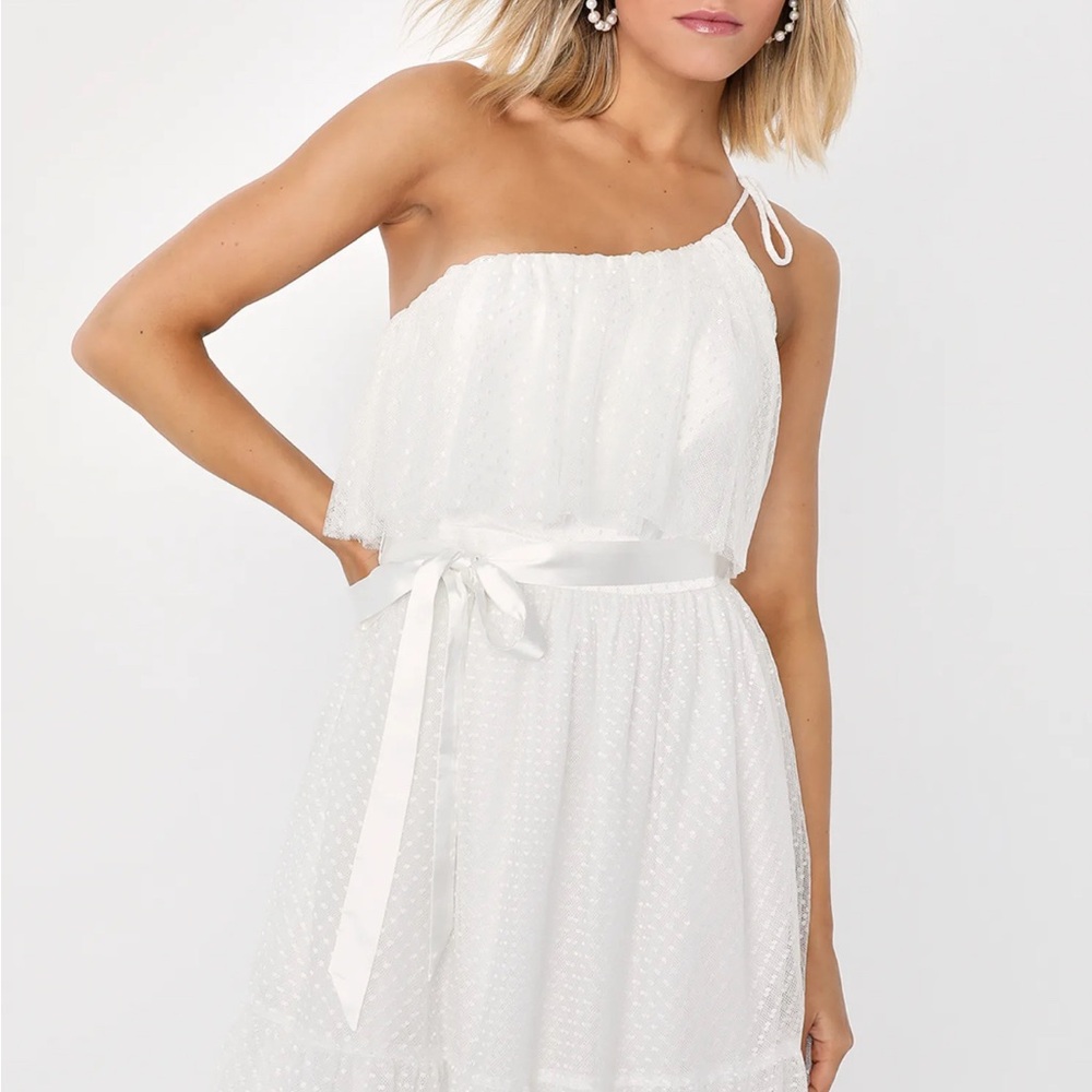 Lulus Adorable Event White Mesh One-Shoulder Swiss Dot Mini Dress